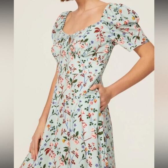 L. K. BENNETT Mint Green Floral Phelia Puff Sleeve Sweetheart Midi Dress Size 4 - Picture 2 of 11